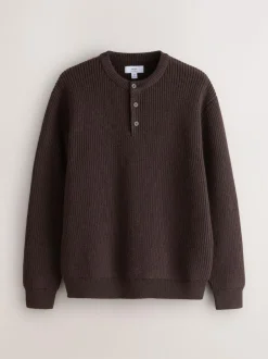 Next Chocolate Brown Relaxed Fit Ribbed Grandad Collar Jumper with Wool New