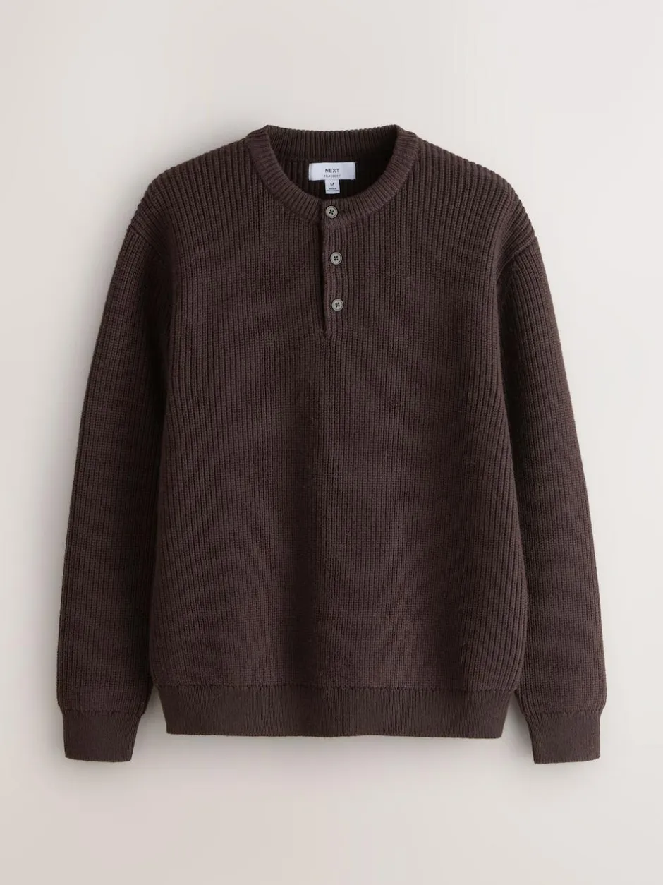 Next Chocolate Brown Relaxed Fit Ribbed Grandad Collar Jumper with Wool New