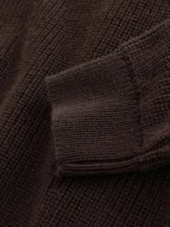 Next Chocolate Brown Relaxed Fit Ribbed Grandad Collar Jumper with Wool New