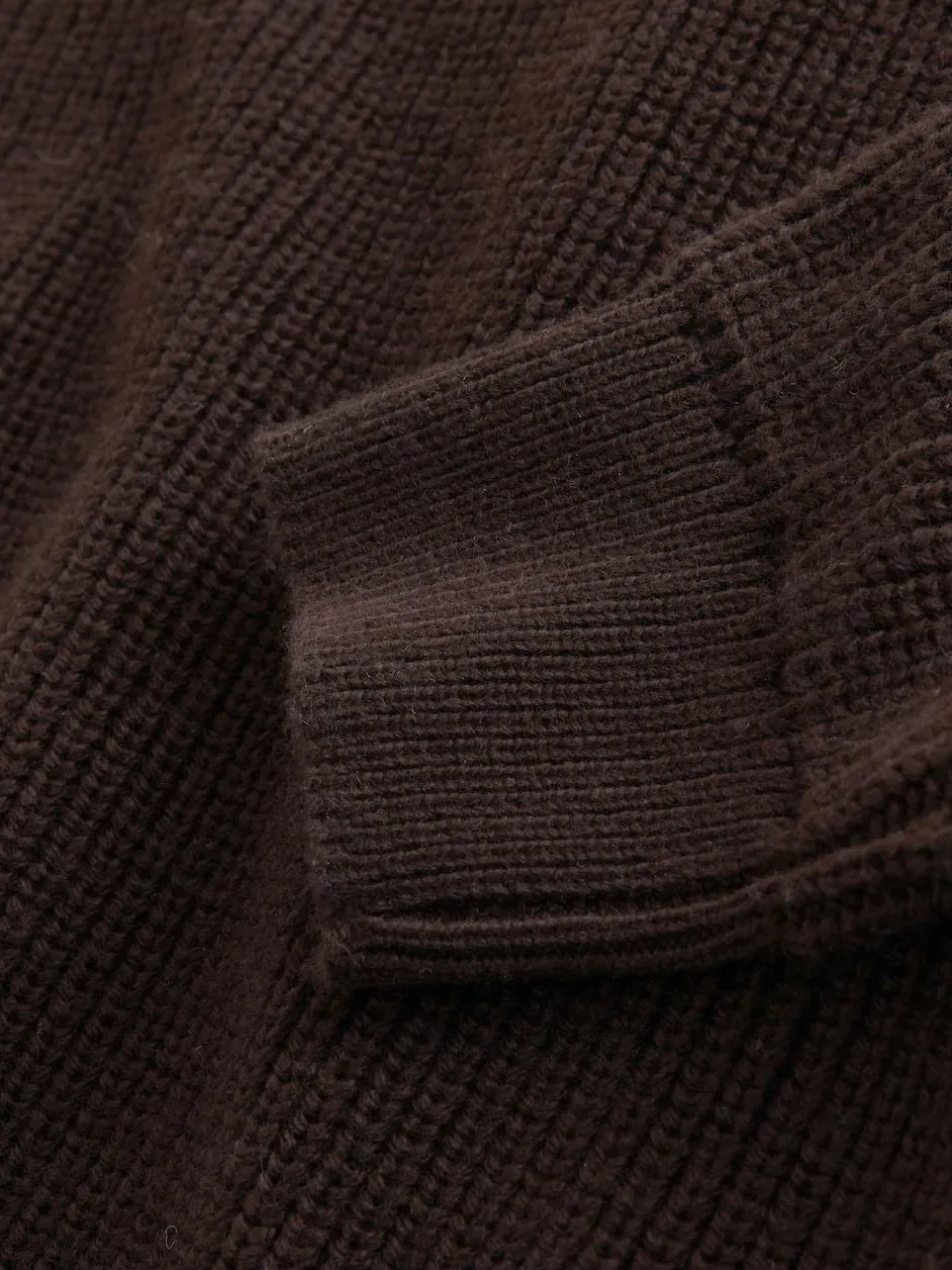 Next Chocolate Brown Relaxed Fit Ribbed Grandad Collar Jumper with Wool New