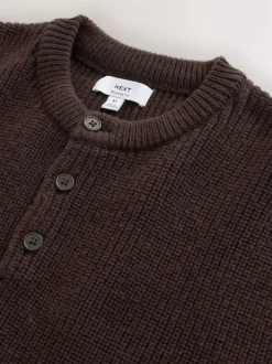 Next Chocolate Brown Relaxed Fit Ribbed Grandad Collar Jumper with Wool New