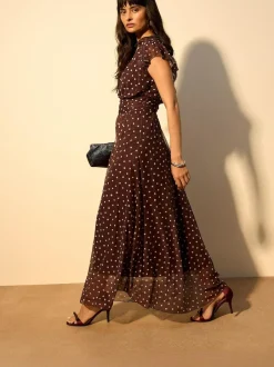 Next Pleated Mesh Print V-Neck Occasion Maxi Dress Chocolate Brown Spot New