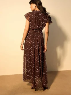 Next Pleated Mesh Print V-Neck Occasion Maxi Dress Chocolate Brown Spot New