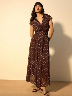 Next Pleated Mesh Print V-Neck Occasion Maxi Dress Chocolate Brown Spot New