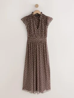 Next Pleated Mesh Print V-Neck Occasion Maxi Dress Chocolate Brown Spot New