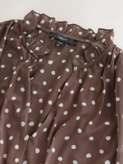 Next Pleated Mesh Print V-Neck Occasion Maxi Dress Chocolate Brown Spot New