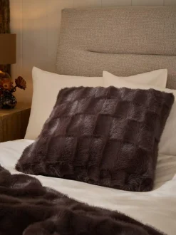Next Textured Faux Fur Check Cushion Chocolate Brown Outlet