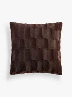 Next Textured Faux Fur Check Cushion Chocolate Brown Outlet