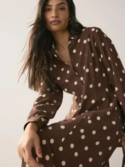 Next Printed Long Sleeve Shirt Dress Chocolate Brown/Ecru Polka Dot Sale