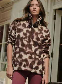 Next Chocolate Brown/Pink Leopard Soft Touch Cosy Teddy Borg Quarter Zip Fleece