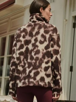Next Chocolate Brown/Pink Leopard Soft Touch Cosy Teddy Borg Quarter Zip Fleece