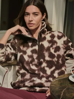 Next Chocolate Brown/Pink Leopard Soft Touch Cosy Teddy Borg Quarter Zip Fleece