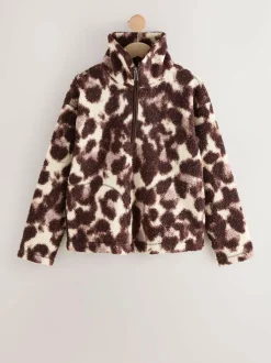 Next Chocolate Brown/Pink Leopard Soft Touch Cosy Teddy Borg Quarter Zip Fleece