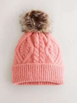 Next Coral Pink Cable Knitted Pom Hat Hot