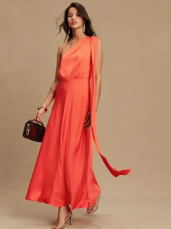 Next Textured Satin Scarf Neck Midi Dress Coral Pink New