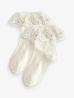 Next 2 Pack Cotton Rich Flower Girl Ruffle Ankle Socks Cream Outlet