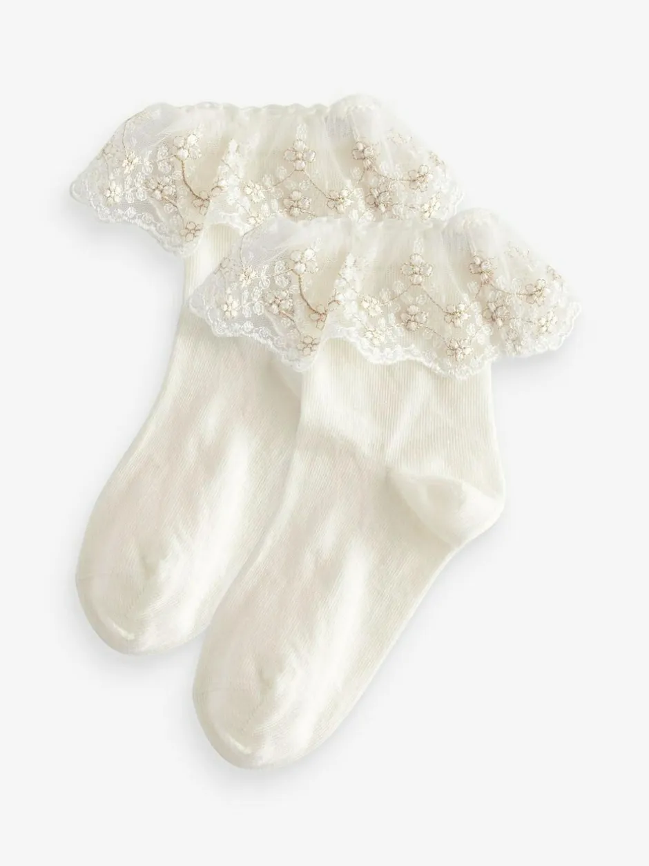 Next 2 Pack Cotton Rich Flower Girl Ruffle Ankle Socks Cream Outlet
