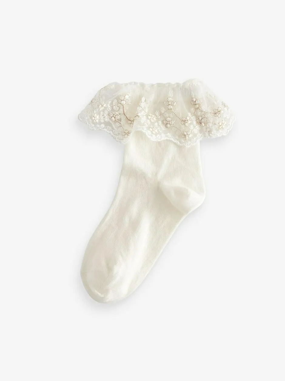 Next 2 Pack Cotton Rich Flower Girl Ruffle Ankle Socks Cream Outlet