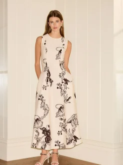 Next Sleeveless Column A-Line Maxi Dress Cream and Black Floral Print Sale