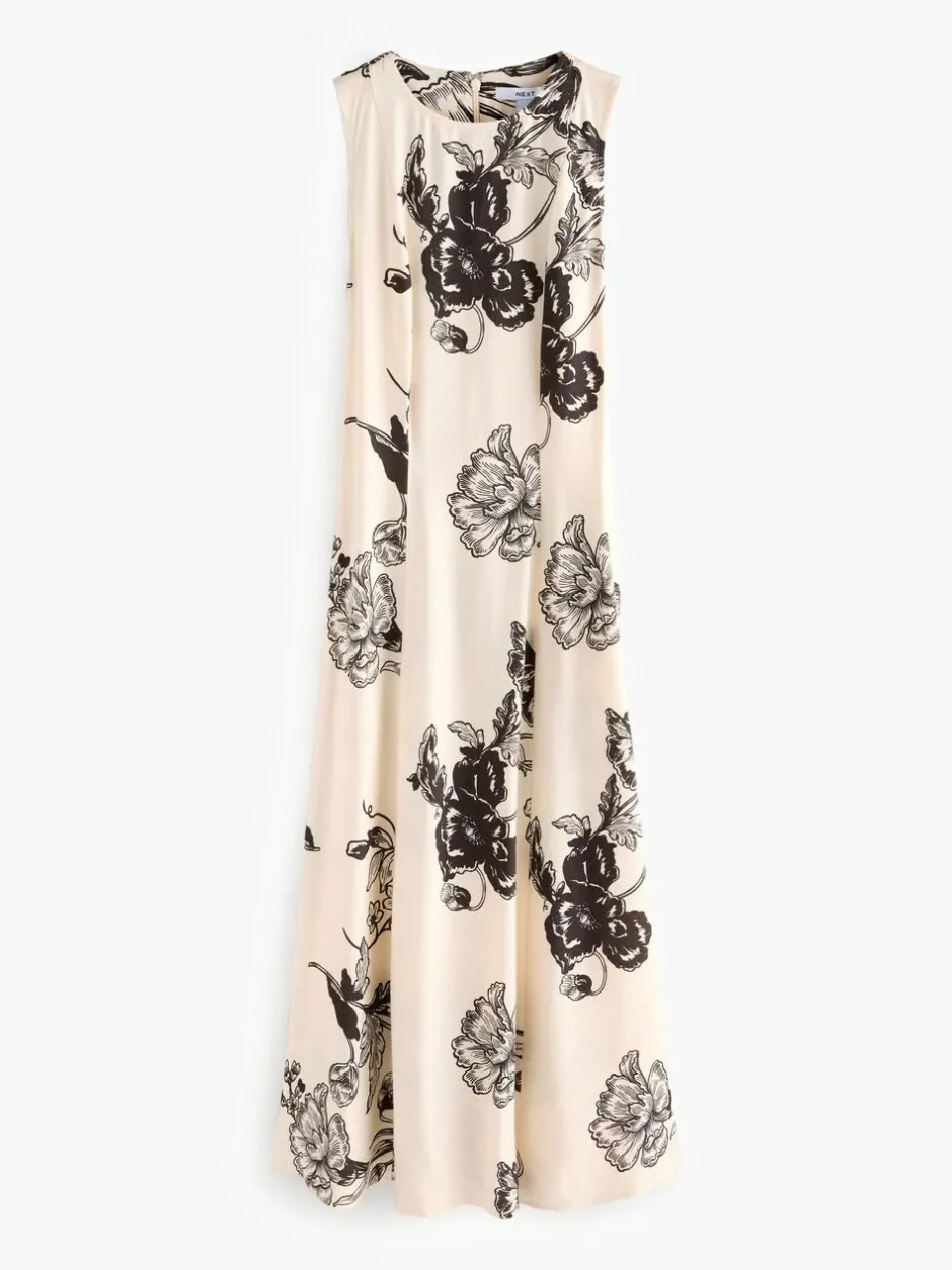 Next Sleeveless Column A-Line Maxi Dress Cream and Black Floral Print Sale