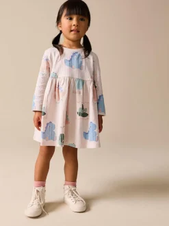 Next Long Sleeve Jersey Dress (3mths-7yrs) Cream Dinosaur Clearance