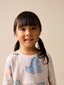 Next Long Sleeve Jersey Dress (3mths-7yrs) Cream Dinosaur Clearance
