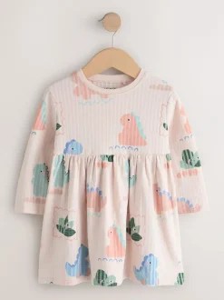 Next Long Sleeve Jersey Dress (3mths-7yrs) Cream Dinosaur Clearance