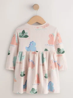 Next Long Sleeve Jersey Dress (3mths-7yrs) Cream Dinosaur Clearance