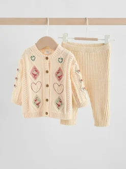 Next Baby Knitted Cardigan and Leggings 2 Piece Set (0mths-3yrs) Cream Embroidered New