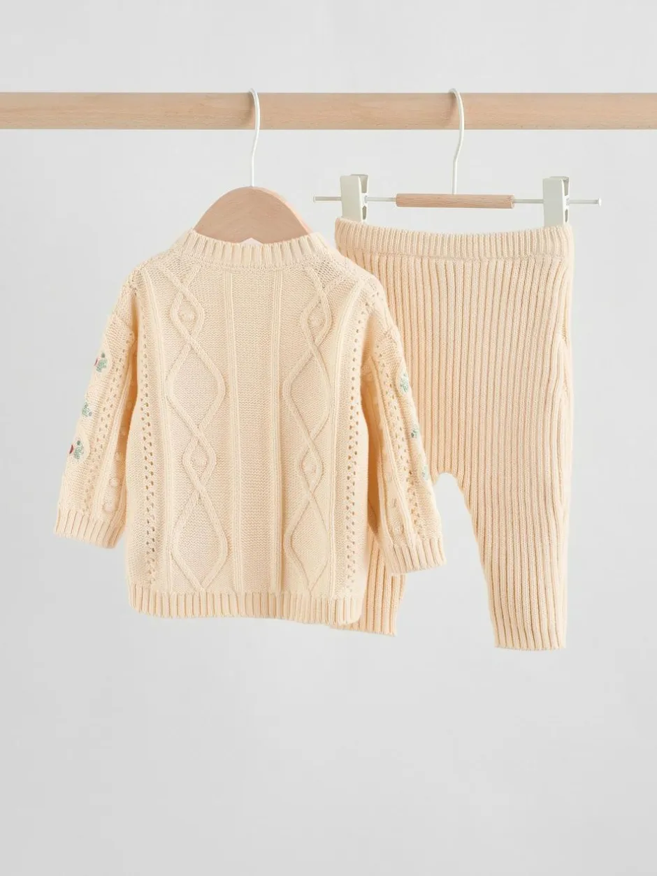 Next Baby Knitted Cardigan and Leggings 2 Piece Set (0mths-3yrs) Cream Embroidered New