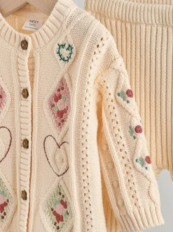 Next Baby Knitted Cardigan and Leggings 2 Piece Set (0mths-3yrs) Cream Embroidered New