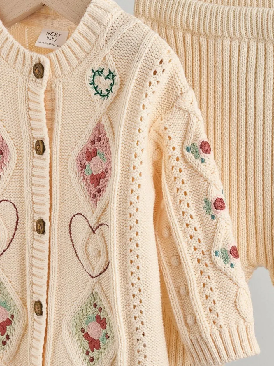Next Baby Knitted Cardigan and Leggings 2 Piece Set (0mths-3yrs) Cream Embroidered New