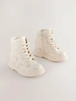 Next Wide Fit (G) Lace-Up Ankle Boots Cream Floral New