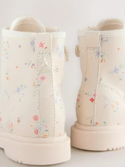 Next Wide Fit (G) Lace-Up Ankle Boots Cream Floral New