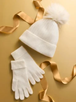 Next N. Premium 100% Cashmere Knitted Pom Hat Cream Sale