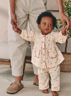 Next Baby Woven Long Sleeve Tops and Trousers 2 Piece Set (0mths-2yrs) Cream/ Red Cherry Outlet