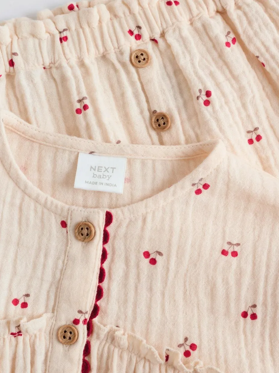 Next Baby Woven Long Sleeve Tops and Trousers 2 Piece Set (0mths-2yrs) Cream/ Red Cherry Outlet