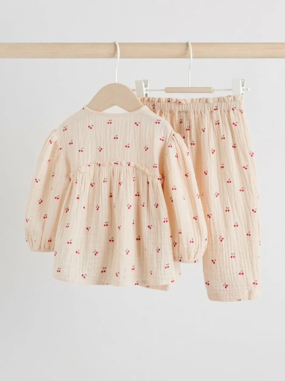 Next Baby Woven Long Sleeve Tops and Trousers 2 Piece Set (0mths-2yrs) Cream/ Red Cherry Outlet