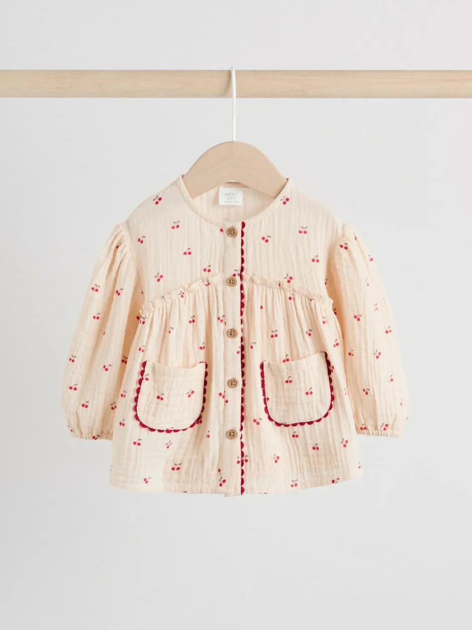 Next Baby Woven Long Sleeve Tops and Trousers 2 Piece Set (0mths-2yrs) Cream/ Red Cherry Outlet