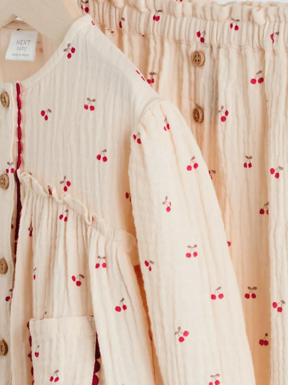 Next Baby Woven Long Sleeve Tops and Trousers 2 Piece Set (0mths-2yrs) Cream/ Red Cherry Outlet