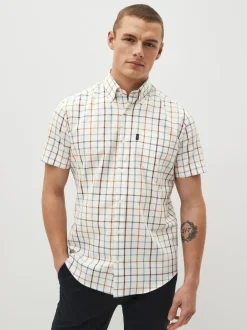 Next Cream/Blue Tattersall Check Easy Iron Button Down Short Sleeve Oxford Shirt New