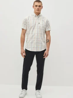 Next Cream/Blue Tattersall Check Easy Iron Button Down Short Sleeve Oxford Shirt New