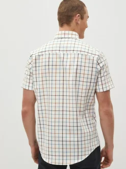 Next Cream/Blue Tattersall Check Easy Iron Button Down Short Sleeve Oxford Shirt New