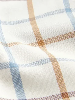 Next Cream/Blue Tattersall Check Easy Iron Button Down Short Sleeve Oxford Shirt New