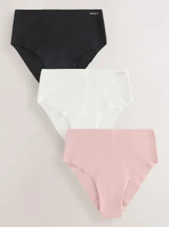 Next High Waist High Leg Cotton Rich No VPL Knickers 3 Pack Cream/Pink/Black