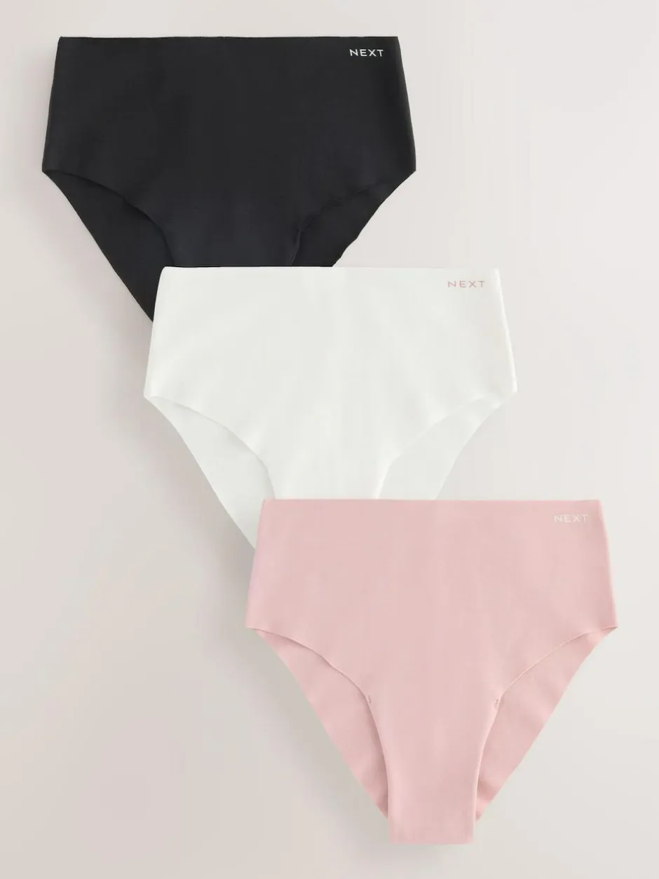 Next High Waist High Leg Cotton Rich No VPL Knickers 3 Pack Cream/Pink/Black
