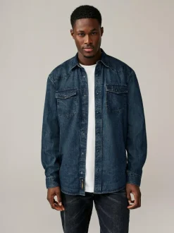 Next Denim Western 100% Cotton Long Sleeve Shirt Dark Blue Outlet