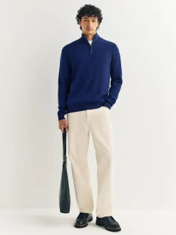 Next Dark Blue Plain N.Premium Regular Fit 100% Cotton Premium Quarter Zip Jumper Outlet