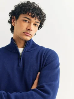 Next Dark Blue Plain N.Premium Regular Fit 100% Cotton Premium Quarter Zip Jumper Outlet