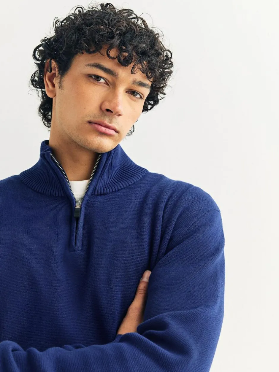 Next Dark Blue Plain N.Premium Regular Fit 100% Cotton Premium Quarter Zip Jumper Outlet